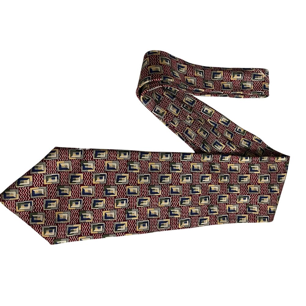 Rooster Mens Necktie 100% Silk Burgundy Multi Color Geometric Made in USA